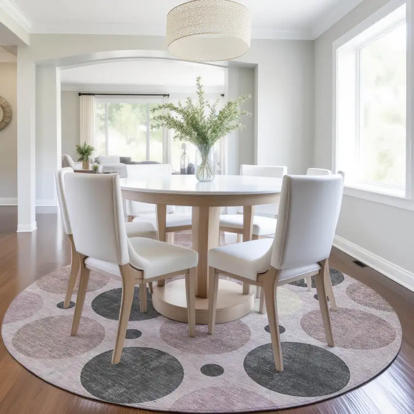 8' Blush Charcoal And Ivory Round Geometric Washable Indoor Outdoor Area Rug Photo 7