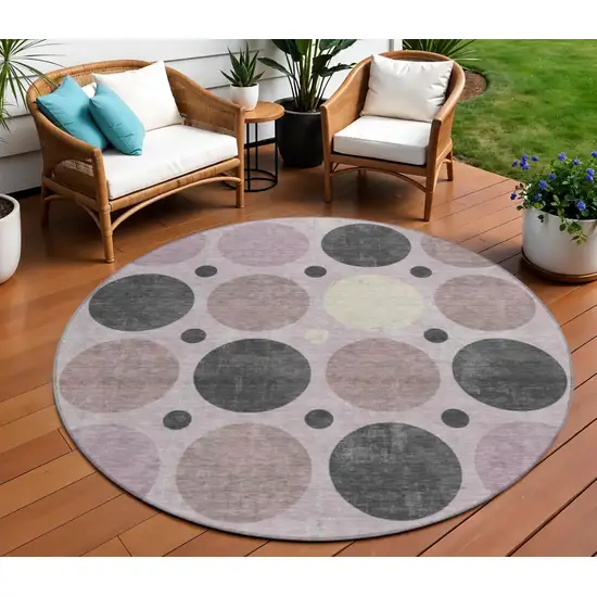 8' Blush Charcoal And Ivory Round Geometric Washable Indoor Outdoor Area Rug Photo 2