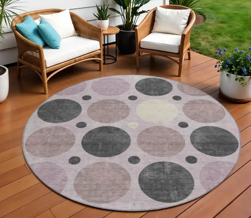8' Blush Charcoal And Ivory Round Geometric Washable Indoor Outdoor Area Rug Photo 2