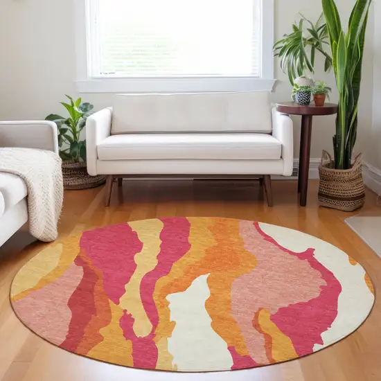 8' Blush Copper And Ivory Round Abstract Washable Indoor Outdoor Area Rug Photo 9