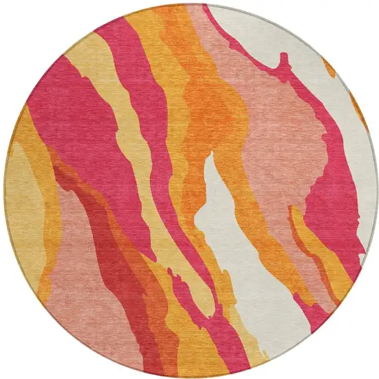 8' Blush Copper And Ivory Round Abstract Washable Indoor Outdoor Area Rug Photo 7