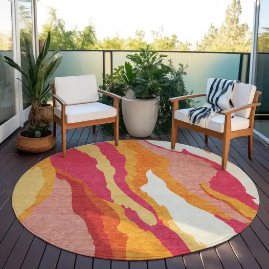 8' Blush Copper And Ivory Round Abstract Washable Indoor Outdoor Area Rug Photo 8