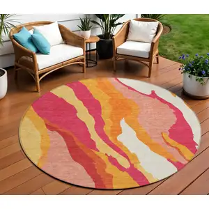 Photo of 8' Blush Copper And Ivory Round Abstract Washable Indoor Outdoor Area Rug