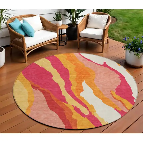 8' Blush Copper And Ivory Round Abstract Washable Indoor Outdoor Area Rug Photo 1