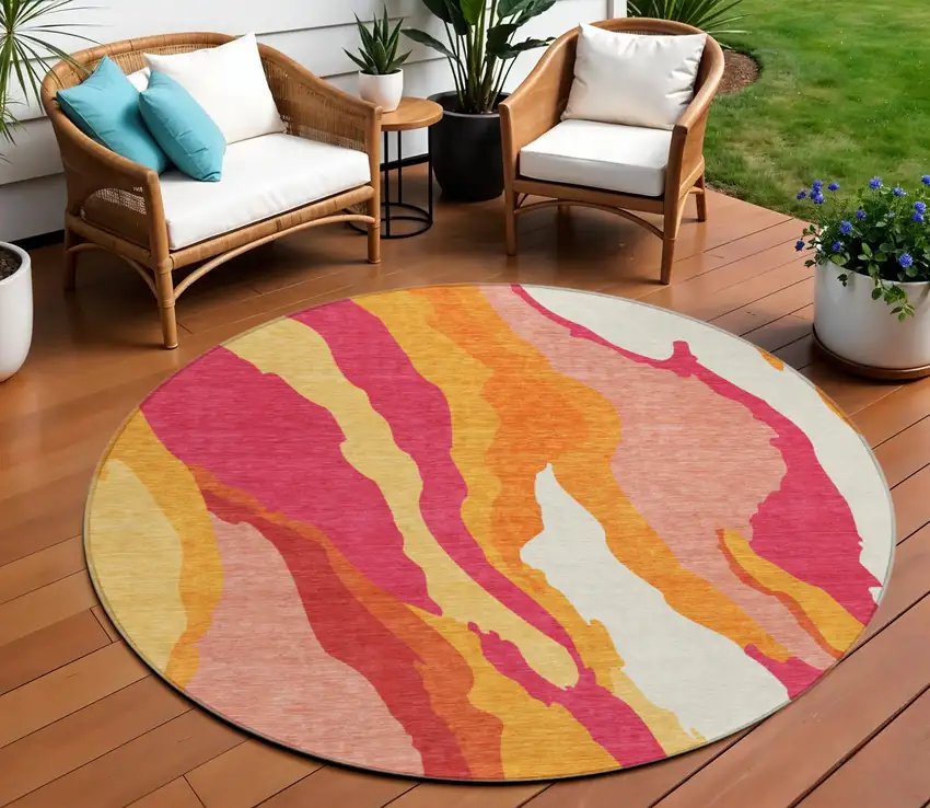 8' Blush Copper And Ivory Round Abstract Washable Indoor Outdoor Area Rug Photo 1
