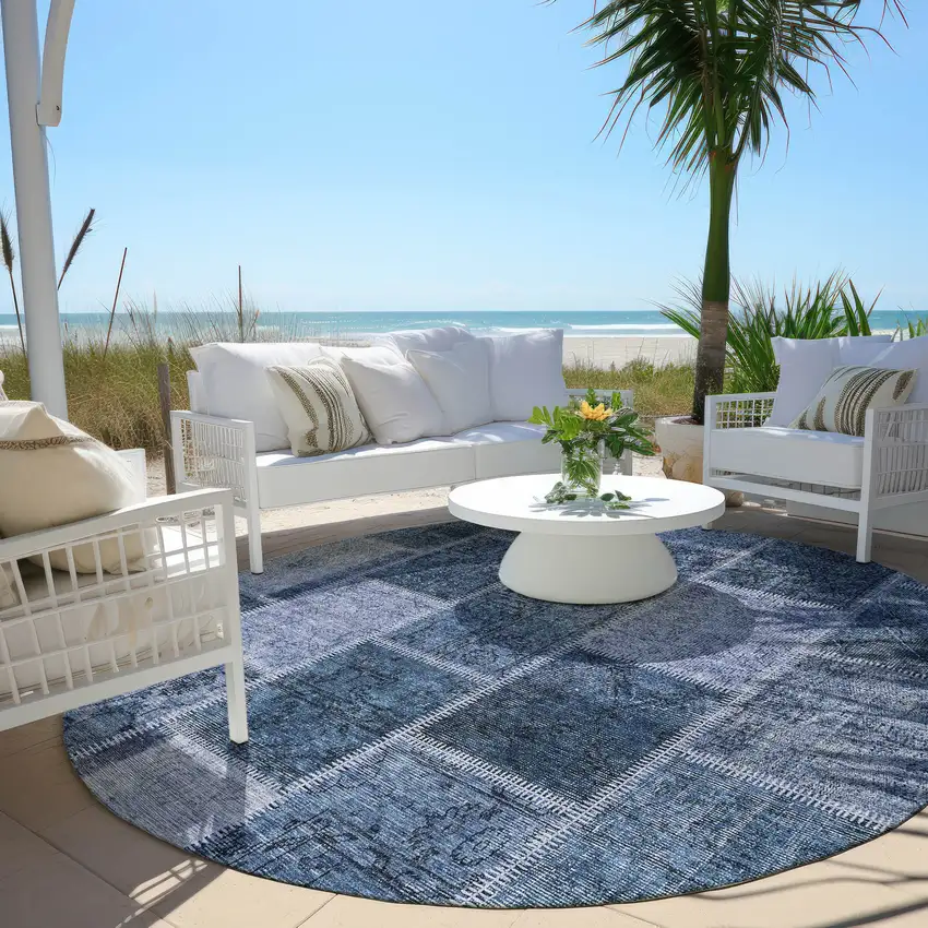 8' Blush Denim Blue And Sky Blue Round Patchwork Washable Indoor Outdoor Area Rug Photo 6