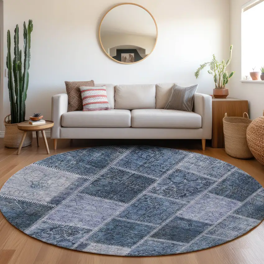 8' Blush Denim Blue And Sky Blue Round Patchwork Washable Indoor Outdoor Area Rug Photo 7