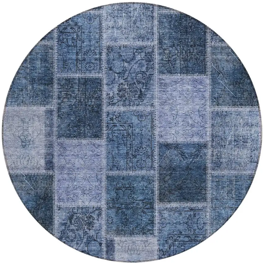 8' Blush Denim Blue And Sky Blue Round Patchwork Washable Indoor Outdoor Area Rug Photo 4