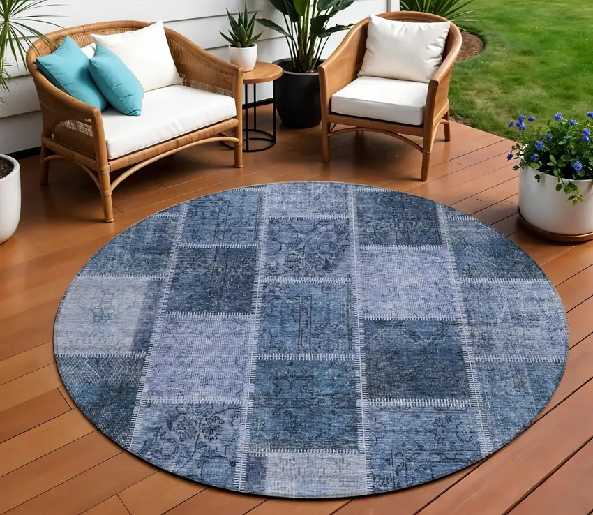8' Blush Denim Blue And Sky Blue Round Patchwork Washable Indoor Outdoor Area Rug Photo 1