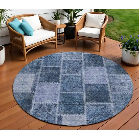 8' Blush Denim Blue And Sky Blue Round Patchwork Washable Indoor Outdoor Area Rug Photo 1