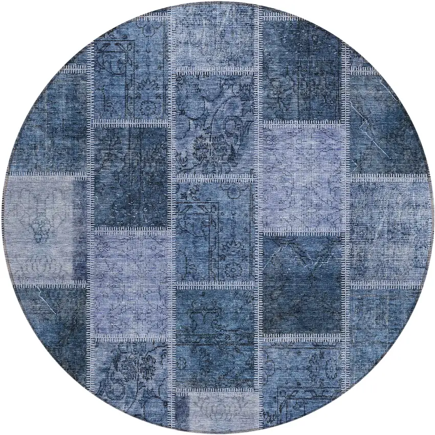 8' Blush Denim Blue And Sky Blue Round Patchwork Washable Indoor Outdoor Area Rug Photo 1