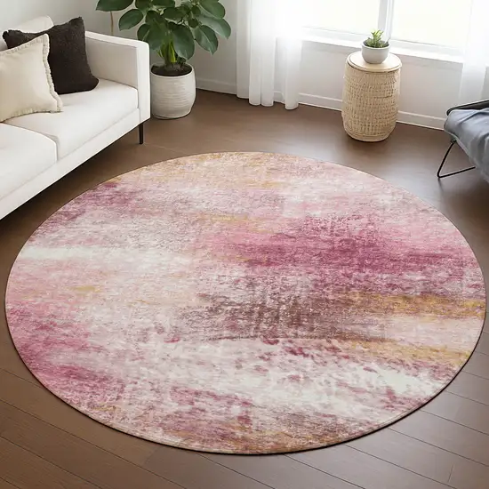 8' Blush Gold And Ivory Round Abstract Washable Indoor Outdoor Area Rug Photo 5