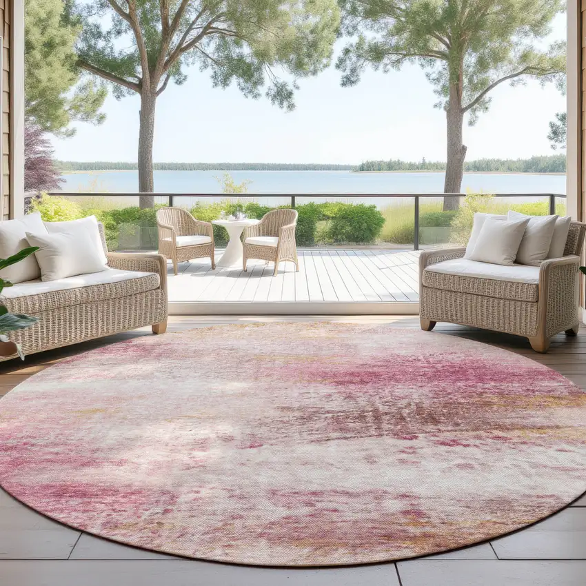 8' Blush Gold And Ivory Round Abstract Washable Indoor Outdoor Area Rug Photo 4
