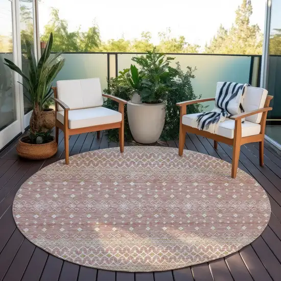 8' Blush Gold And Ivory Round Tribal Washable Indoor Outdoor Area Rug Photo 6