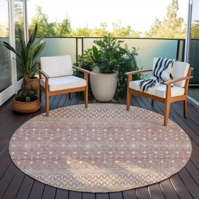 8' Blush Gold And Ivory Round Tribal Washable Indoor Outdoor Area Rug Photo 6
