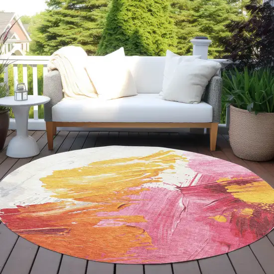 8' Blush Gold And Orange Round Abstract Washable Indoor Outdoor Area Rug Photo 6