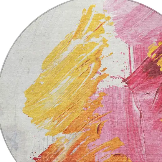 8' Blush Gold And Orange Round Abstract Washable Indoor Outdoor Area Rug Photo 4