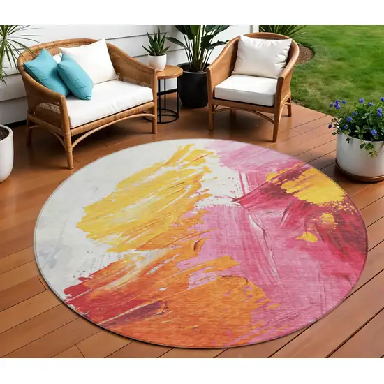 8' Blush Gold And Orange Round Abstract Washable Indoor Outdoor Area Rug Photo 2