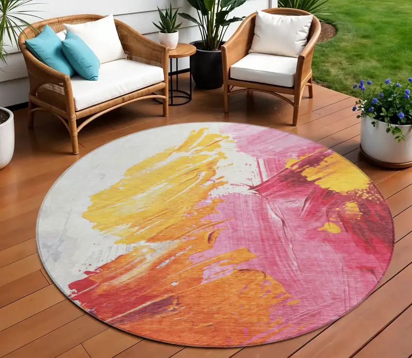 8' Blush Gold And Orange Round Abstract Washable Indoor Outdoor Area Rug Photo 2