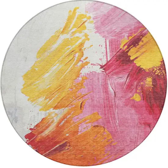 8' Blush Gold And Orange Round Abstract Washable Indoor Outdoor Area Rug Photo 3