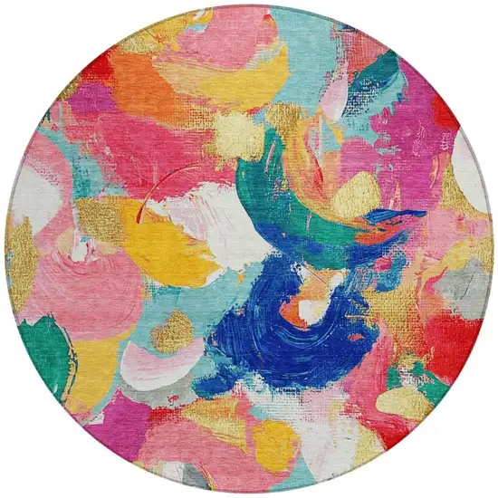 8' Blush Gold And Teal Blue Round Abstract Washable Indoor Outdoor Area Rug Photo 3