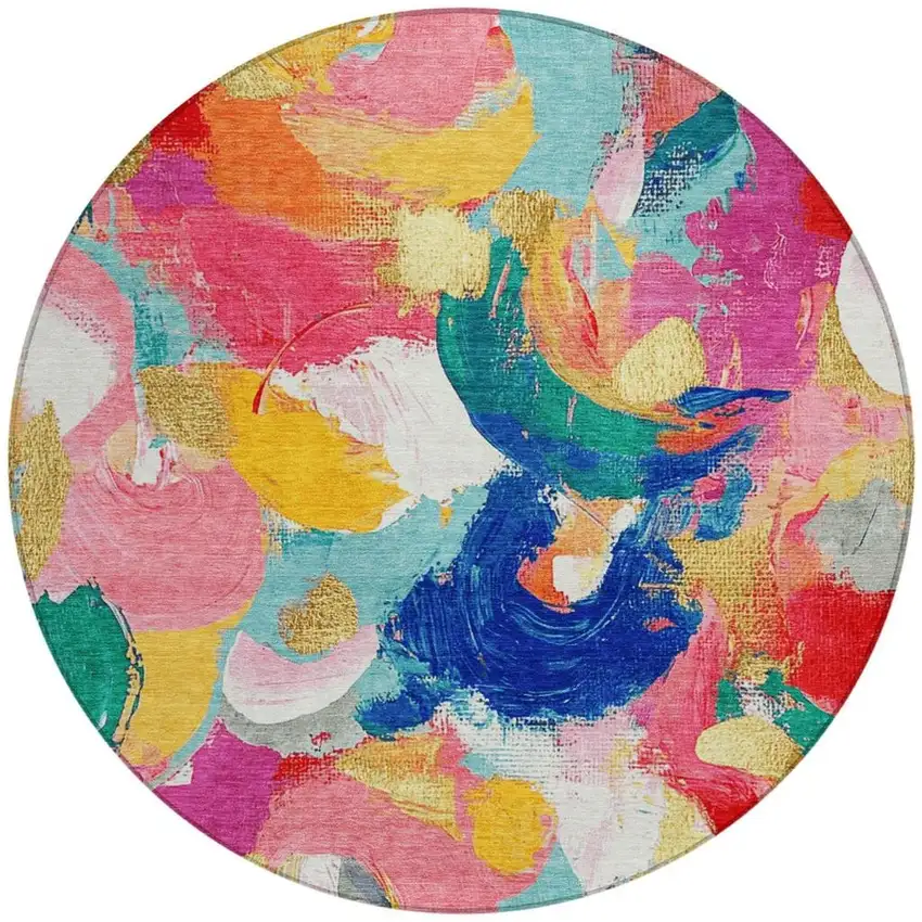 8' Blush Gold And Teal Blue Round Abstract Washable Indoor Outdoor Area Rug Photo 3