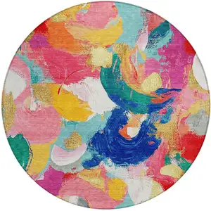 Photo of 8' Blush Gold And Teal Blue Round Abstract Washable Indoor Outdoor Area Rug