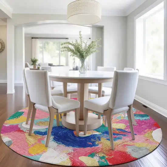 8' Blush Gold And Teal Blue Round Abstract Washable Indoor Outdoor Area Rug Photo 6