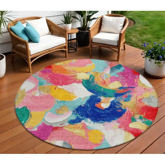 8' Blush Gold And Teal Blue Round Abstract Washable Indoor Outdoor Area Rug Photo 2