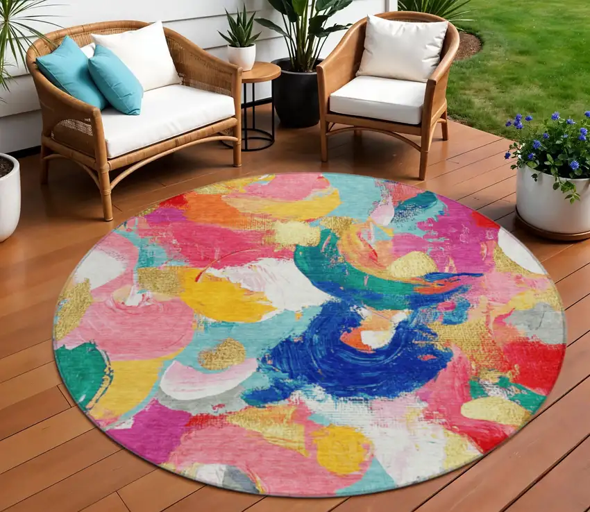 8' Blush Gold And Teal Blue Round Abstract Washable Indoor Outdoor Area Rug Photo 2