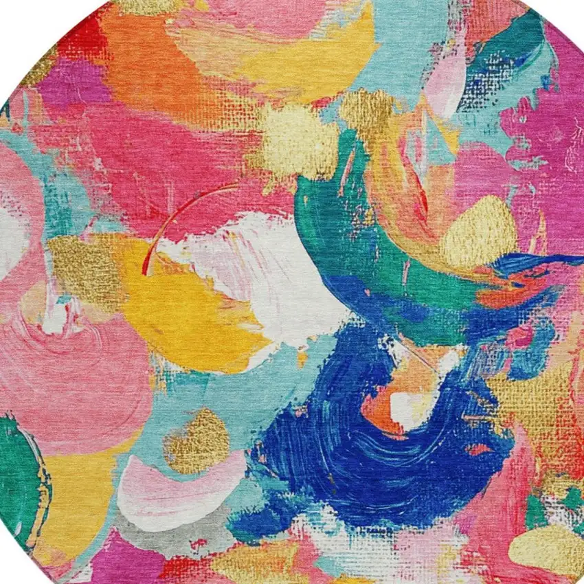 8' Blush Gold And Teal Blue Round Abstract Washable Indoor Outdoor Area Rug Photo 8