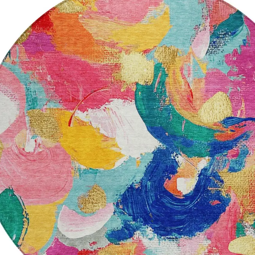 8' Blush Gold And Teal Blue Round Abstract Washable Indoor Outdoor Area Rug Photo 4