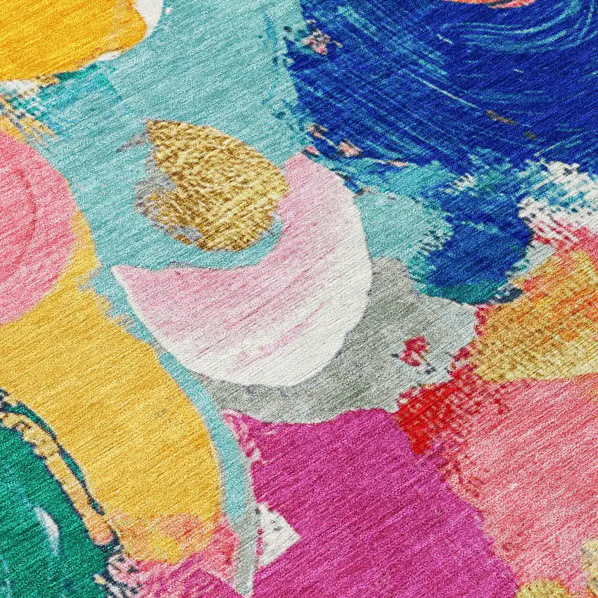 8' Blush Gold And Teal Blue Round Abstract Washable Indoor Outdoor Area Rug Photo 9