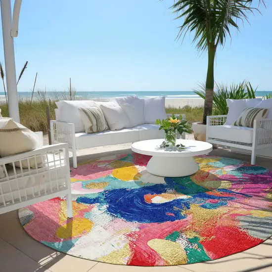 8' Blush Gold And Teal Blue Round Abstract Washable Indoor Outdoor Area Rug Photo 5