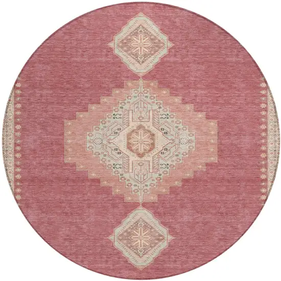 8' Blush Gray And Beige Round Oriental Washable Indoor Outdoor Area Rug Photo 2