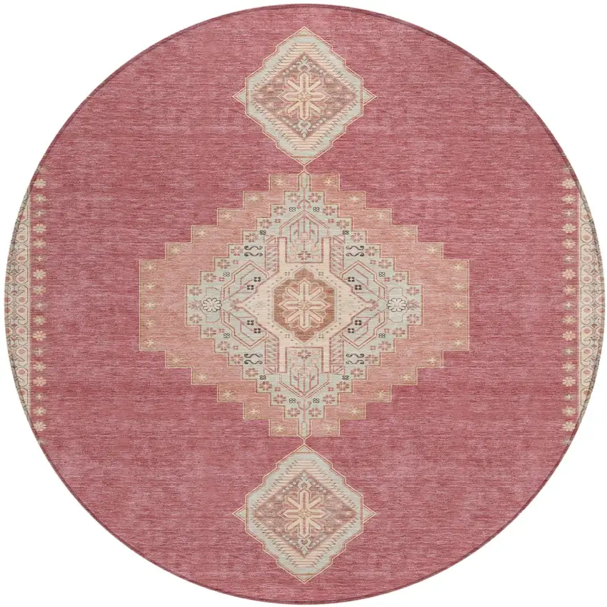 8' Blush Gray And Beige Round Oriental Washable Indoor Outdoor Area Rug Photo 2