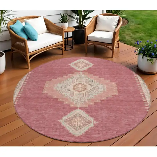 8' Blush Gray And Beige Round Oriental Washable Indoor Outdoor Area Rug Photo 1