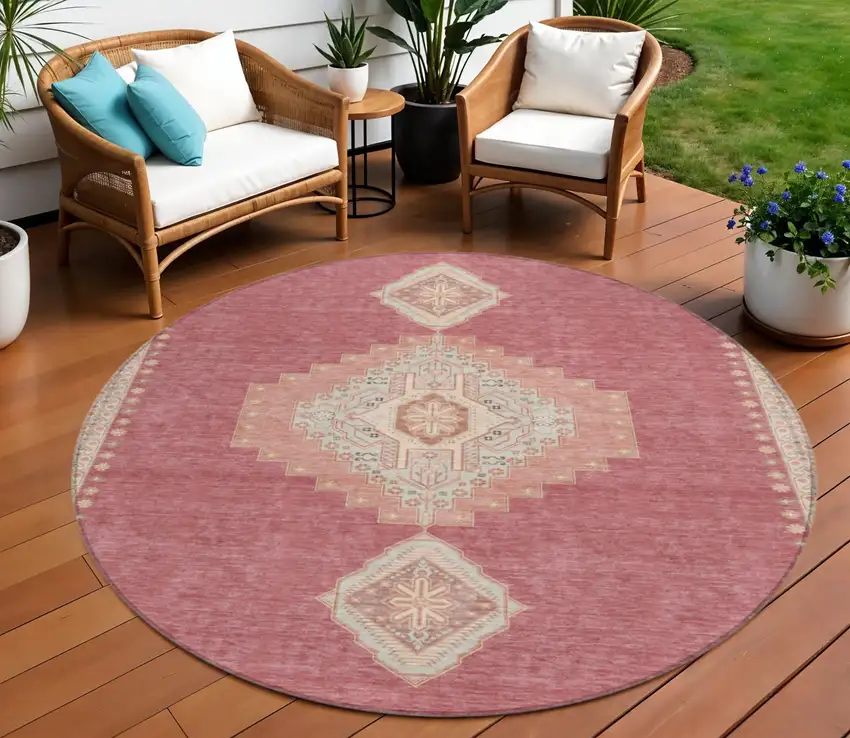 8' Blush Gray And Beige Round Oriental Washable Indoor Outdoor Area Rug Photo 1