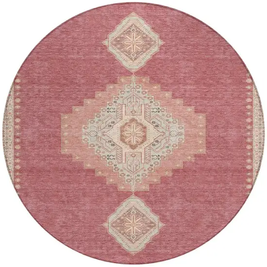 8' Blush Gray And Beige Round Oriental Washable Indoor Outdoor Area Rug Photo 6