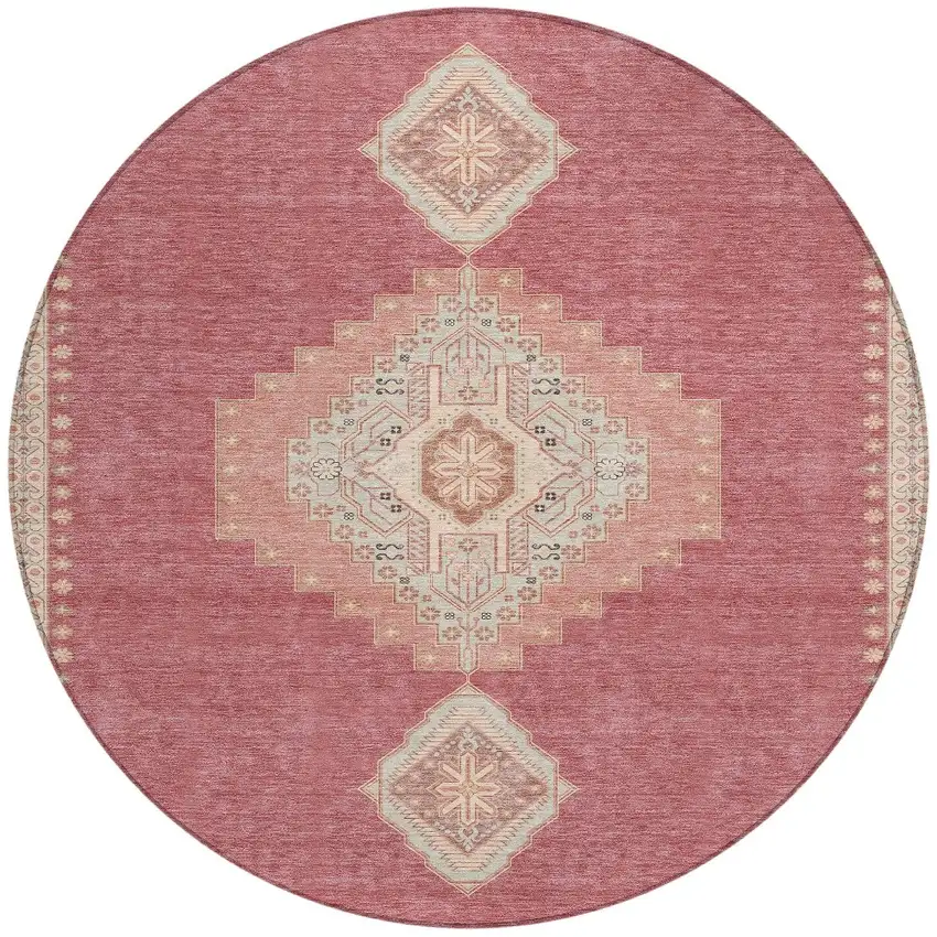 8' Blush Gray And Beige Round Oriental Washable Indoor Outdoor Area Rug Photo 6