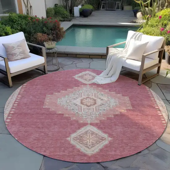 8' Blush Gray And Beige Round Oriental Washable Indoor Outdoor Area Rug Photo 7