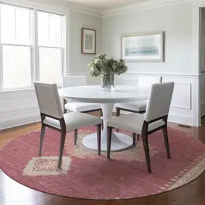 Photo of 8' Blush Gray And Beige Round Oriental Washable Indoor Outdoor Area Rug