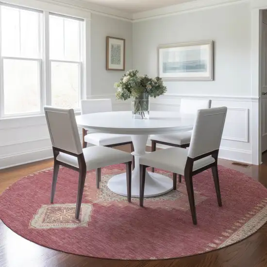 8' Blush Gray And Beige Round Oriental Washable Indoor Outdoor Area Rug Photo 8