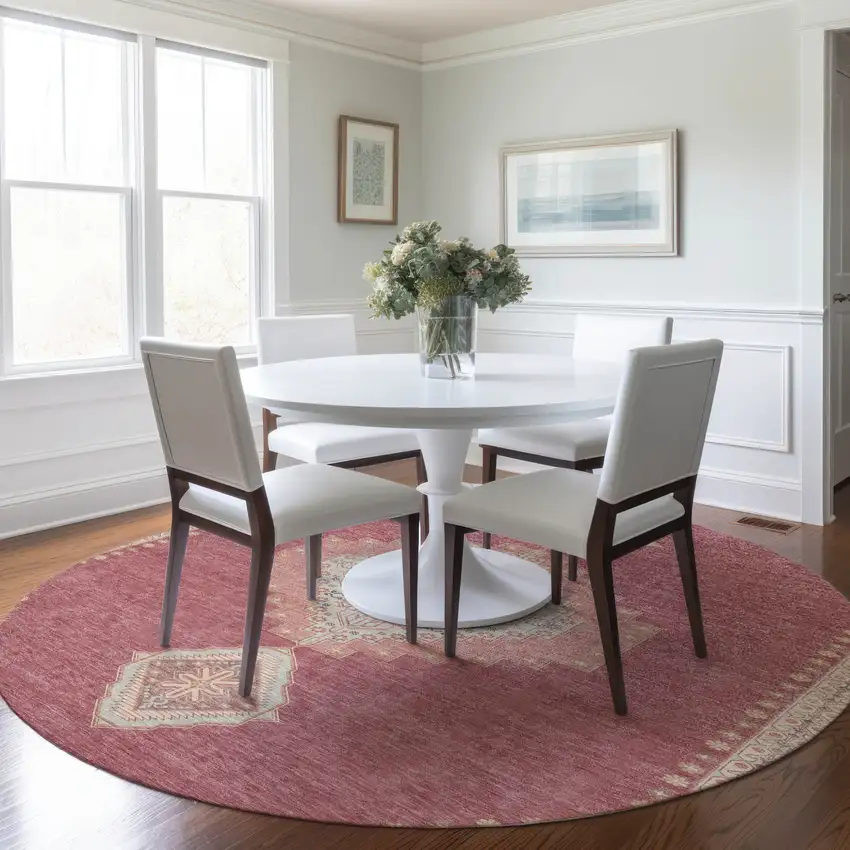 8' Blush Gray And Beige Round Oriental Washable Indoor Outdoor Area Rug Photo 8