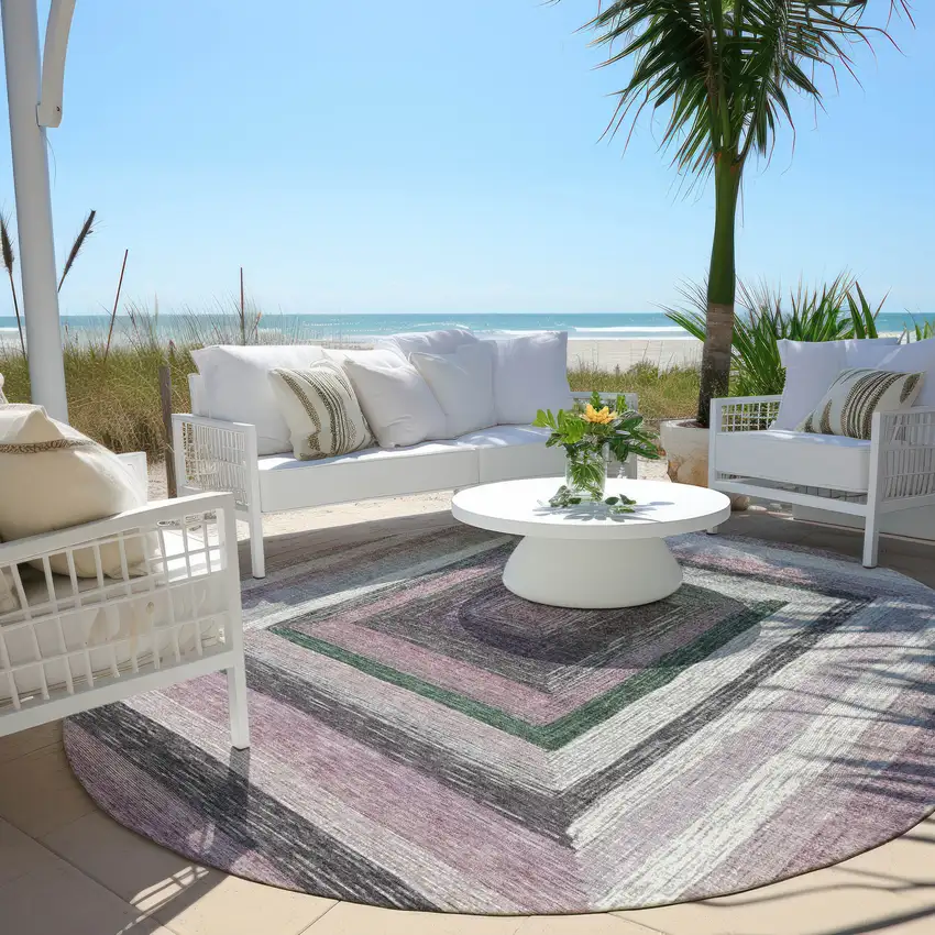 8' Blush Gray And Green Round Geometric Washable Indoor Outdoor Area Rug Photo 6