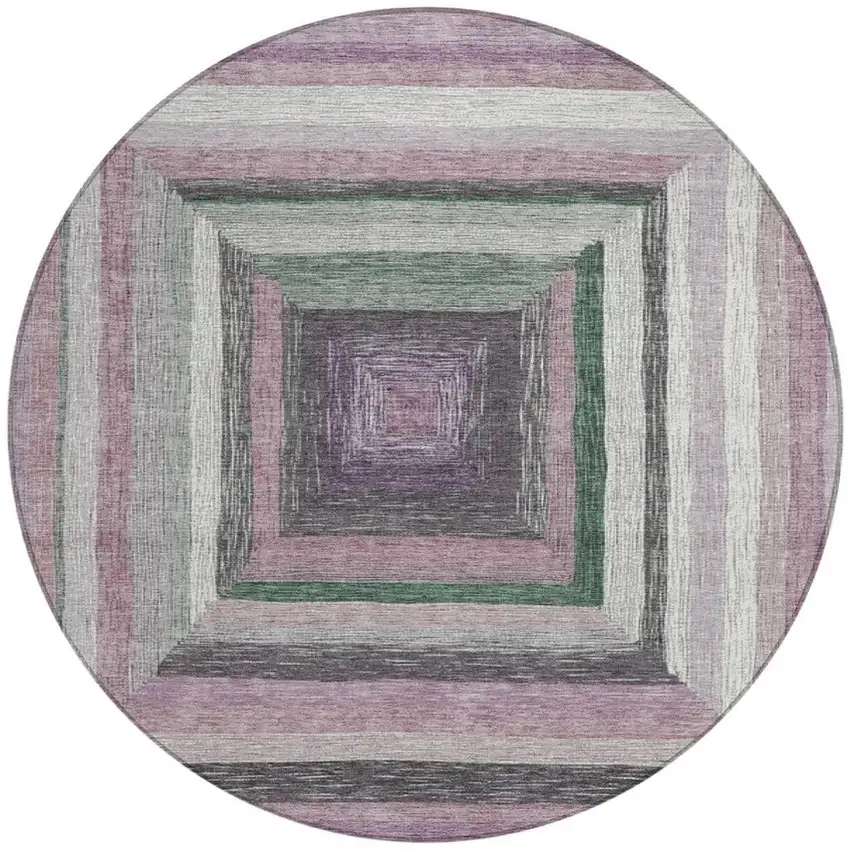 8' Blush Gray And Green Round Geometric Washable Indoor Outdoor Area Rug Photo 3