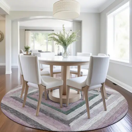 8' Blush Gray And Green Round Geometric Washable Indoor Outdoor Area Rug Photo 7