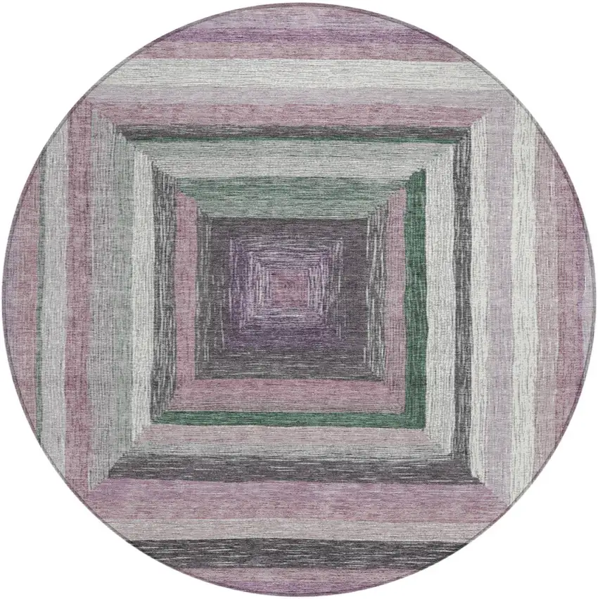 8' Blush Gray And Green Round Geometric Washable Indoor Outdoor Area Rug Photo 1
