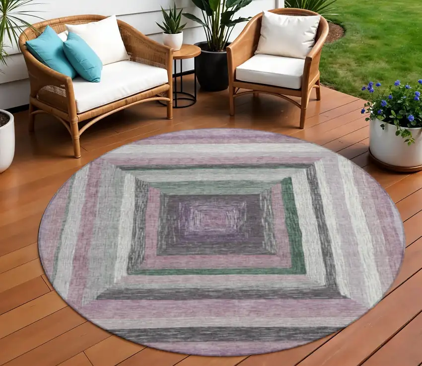 8' Blush Gray And Green Round Geometric Washable Indoor Outdoor Area Rug Photo 2