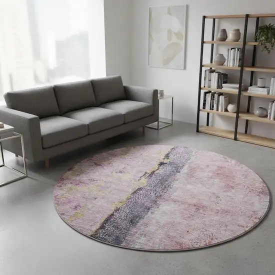 8' Blush Gray And Ivory Abstract Washable Round Rug With UV Protection Photo 2
